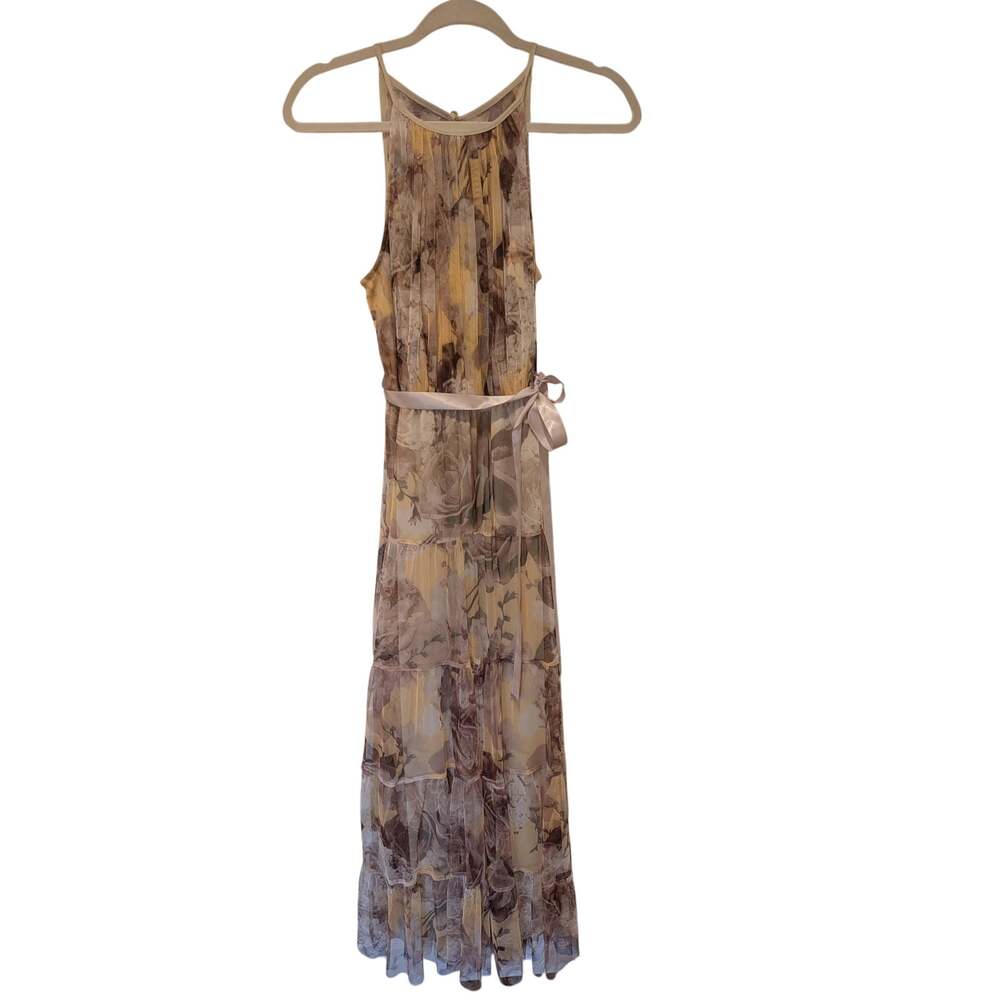 NWT Lovely Grace Chiffon Romantic Floral Yellow Brown Maxi Dress Sz M